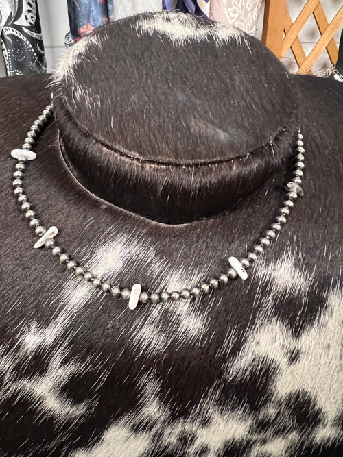 4mm White Buffalo and Sterling Pearl Choker - 14 inch - Cowhide and Conchos