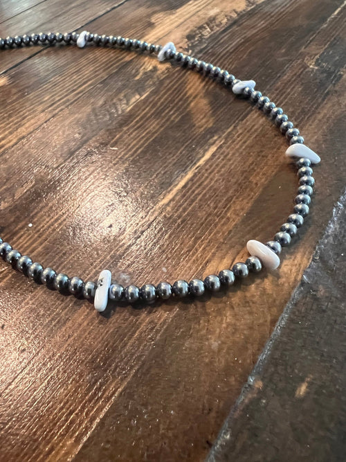 4mm White Buffalo and Sterling Pearl Choker - 14 inch - Cowhide and Conchos