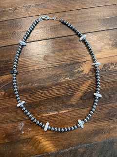 4mm White Buffalo and Sterling Pearl Choker - 14 inch - Cowhide and Conchos