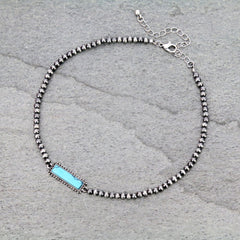 4mm Silver Pearl & Turquoise Stone Choker Necklace - 10 inch