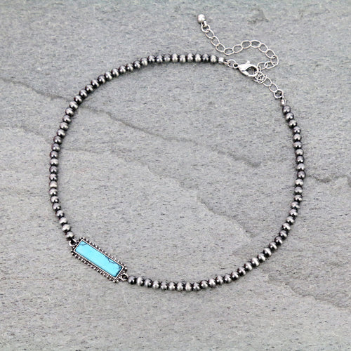 4mm Silver Pearl & Turquoise Stone Choker Necklace - 10 inch