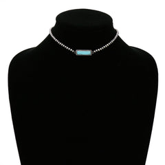 4mm Silver Pearl & Turquoise Stone Choker Necklace - 10 inch