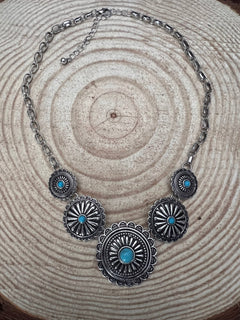 5 Conchos with Faux Turquoise Necklace - 18 inch + 3 inch extender - Cowhide and Conchos