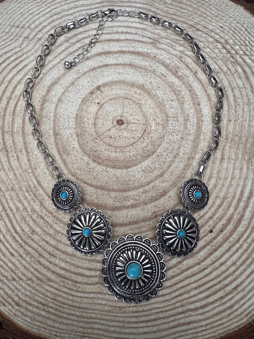 5 Conchos with Faux Turquoise Necklace - 18 inch + 3 inch extender - Cowhide and Conchos
