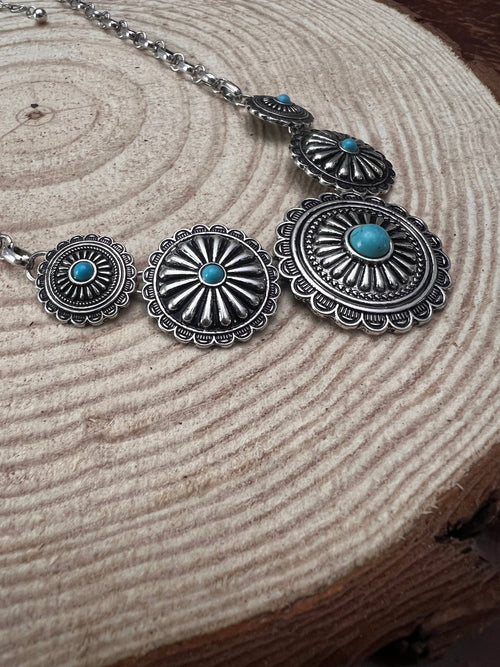 5 Conchos with Faux Turquoise Necklace - 18 inch + 3 inch extender - Cowhide and Conchos