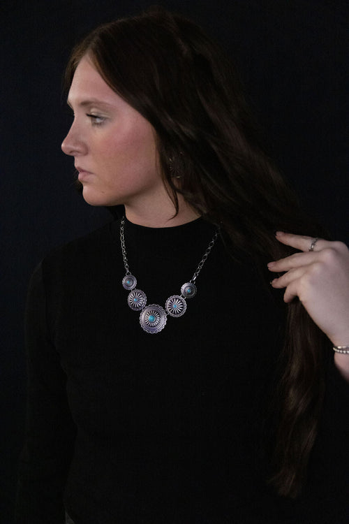 5 Conchos with Faux Turquoise Necklace - 18 inch + 3 inch extender - Cowhide and Conchos