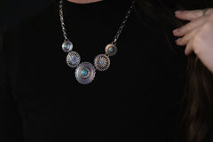 5 Conchos with Faux Turquoise Necklace - 18 inch + 3 inch extender - Cowhide and Conchos