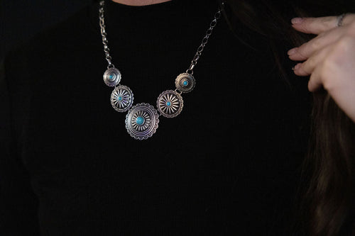 5 Conchos with Faux Turquoise Necklace - 18 inch + 3 inch extender - Cowhide and Conchos