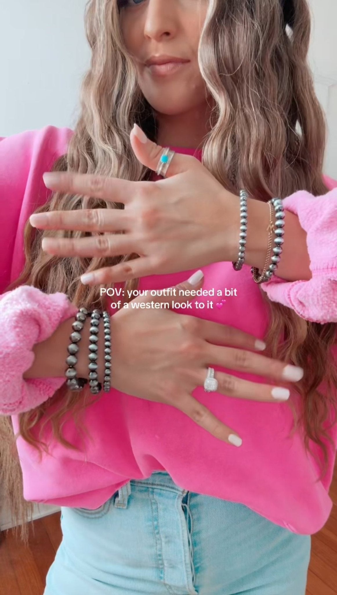 5 for 1 set Faux Sterling Pearl Stretch Bracelet - 7 inch bracelets - Cowhide and Conchos