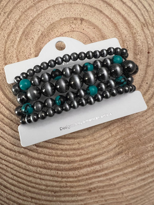 5 for 1 Set of Faux Sterling Pearls Stretch Bracelet with Faux Turquoise Multi Color Stone - Cowhide and Conchos
