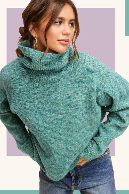 MCS3567-Loose Fit Turtleneck Pin-tuck Long Sleeve Sweater