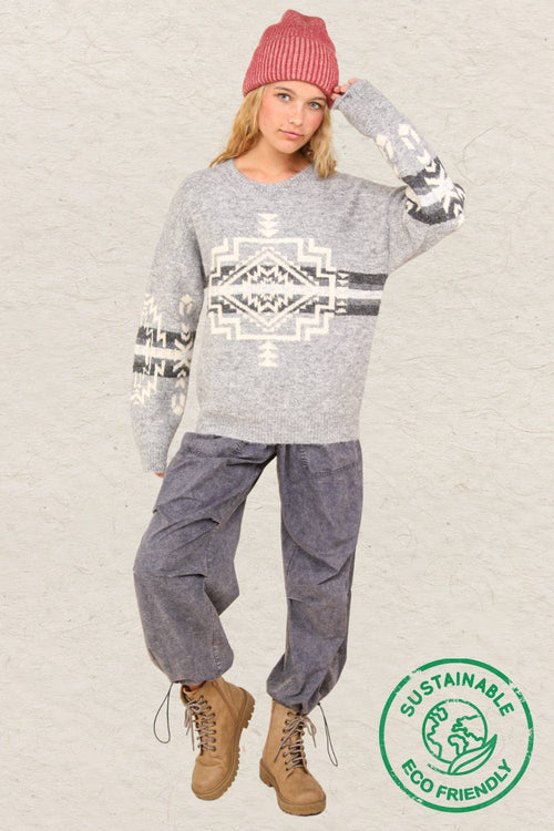 Aztec Graphic Cozy Sweater - Heathered Grey or Oatmeal Colors