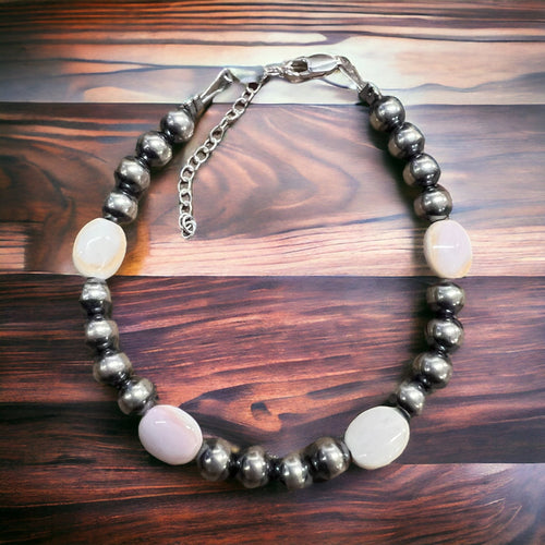 5mm Sterling Pearl and Pink Conch Bracelet - Cowhide and Conchos