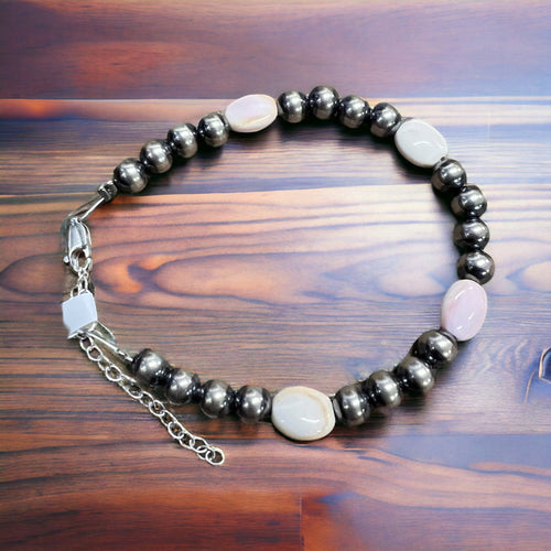 5mm Sterling Pearl and Pink Conch Bracelet - Cowhide and Conchos