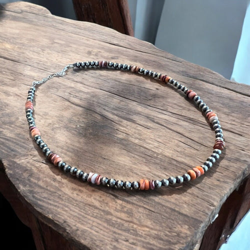 5mm Sterling Pearl and Spiny Oyster necklace - 18 Inch - Cowhide and Conchos