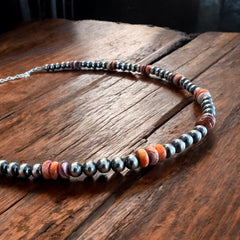 5mm Sterling Pearl and Spiny Oyster necklace - 18 Inch - Cowhide and Conchos