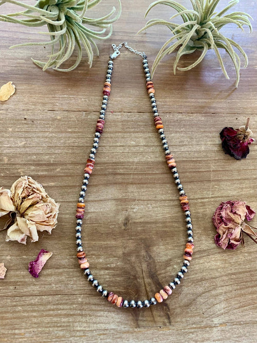 5mm Sterling Pearl and Spiny Oyster necklace - 18 Inch - Cowhide and Conchos