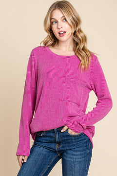 Ribbed Top with Pocket - Charcoal, Fuchsia, and Pumpkin