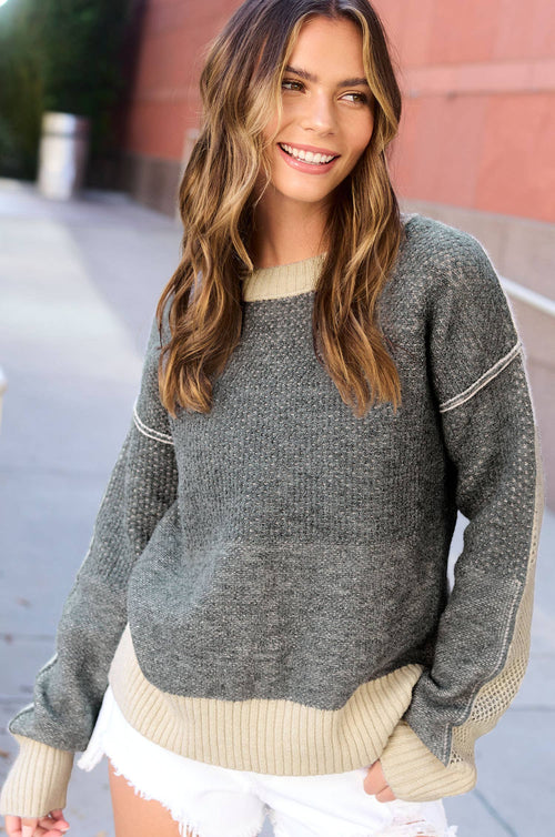 Loose Fit Color Block Textured Round Neck Sweater