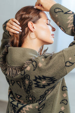 Olive Aztec Graphic Shawl Collar Sweater Knit Cardigan