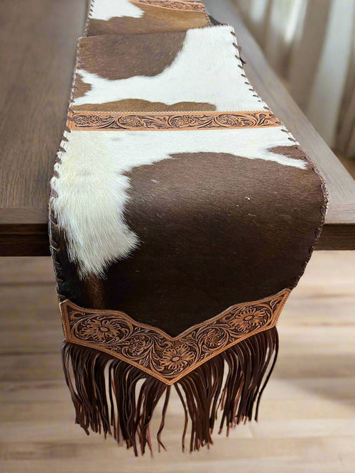 6ft Cowhide Fringe Table Runner  - Cowhide and Conchos