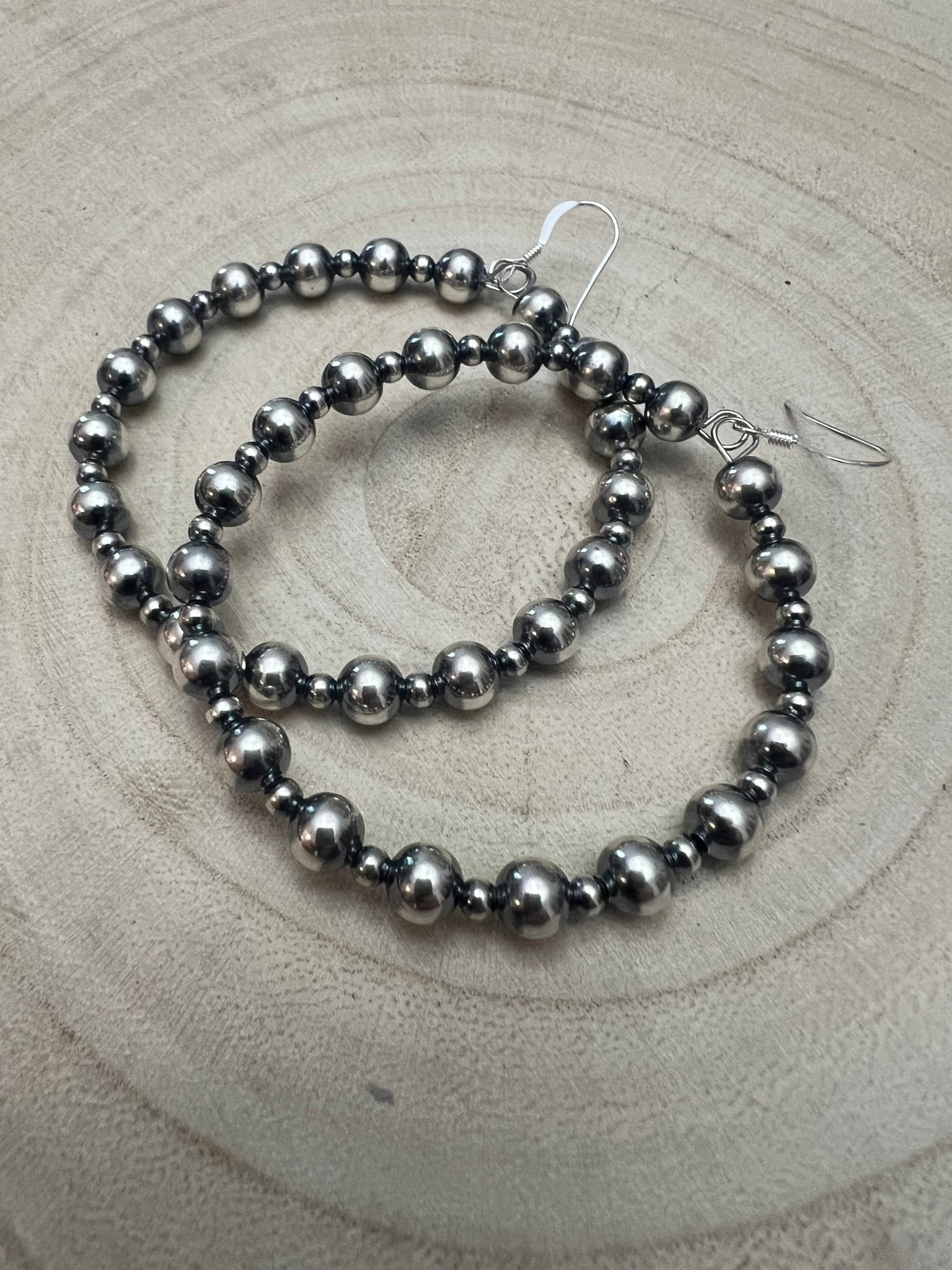 6mm and 3mm Sterling Silver Pearl Hoop Earrings - 2 inch drop - Cowhide and Conchos