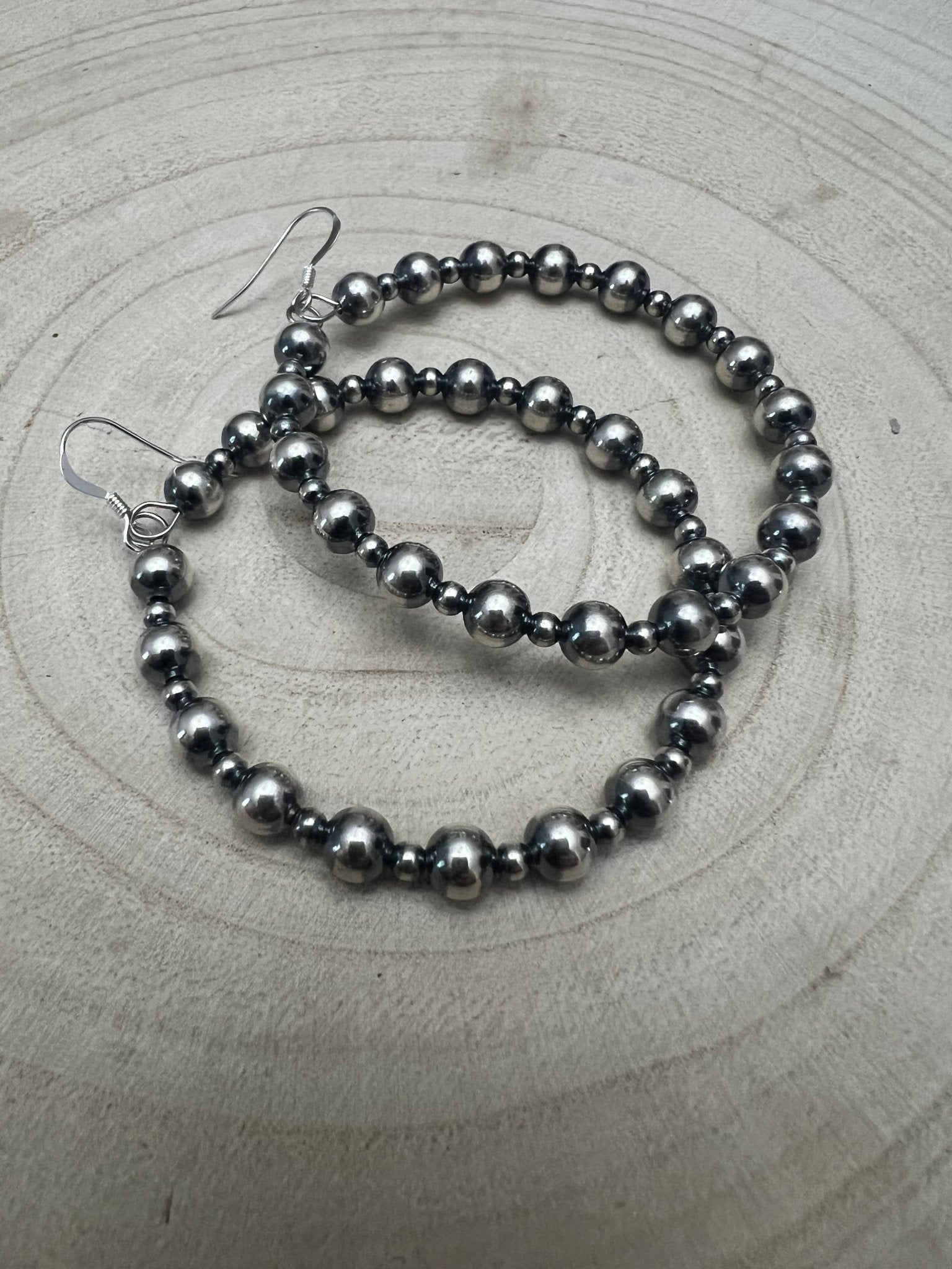 6mm and 3mm Sterling Silver Pearl Hoop Earrings - 2 inch drop - Cowhide and Conchos