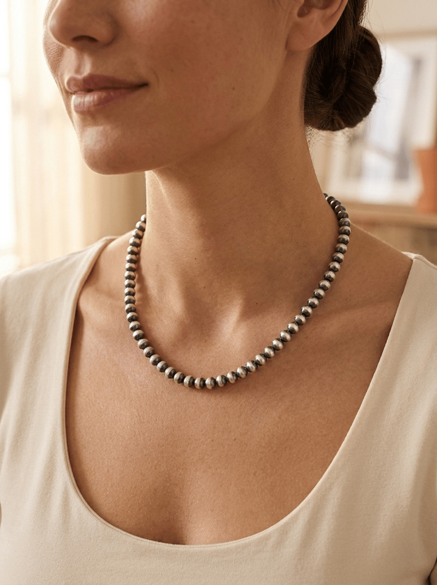 6mm Sterling Pearl Necklace — 16 inch - Cowhide and Conchos
