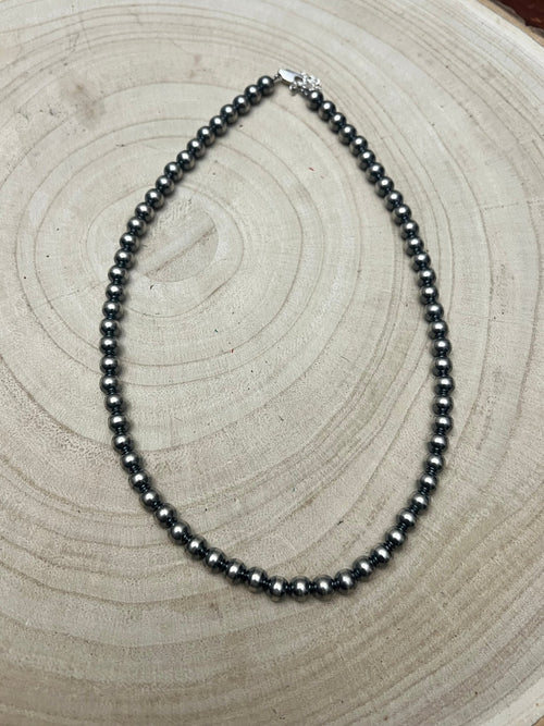 6mm Sterling Pearl Necklace - 16 inch - Cowhide and Conchos