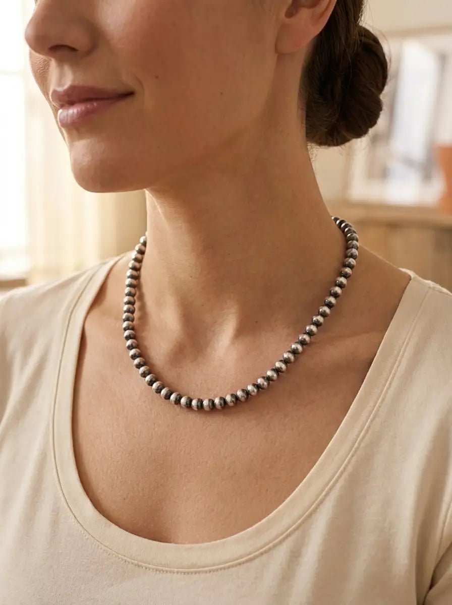 6mm Sterling Pearl Necklace — 18 inch - Cowhide and Conchos