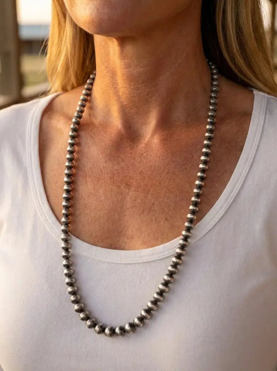 6mm Sterling Pearl Necklace — 22 inch - Cowhide and Conchos