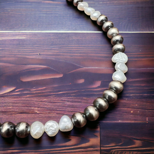 6mm Sterling Pearl Necklace with Fresh Water Pearls - 16 inch - Cowhide and Conchos