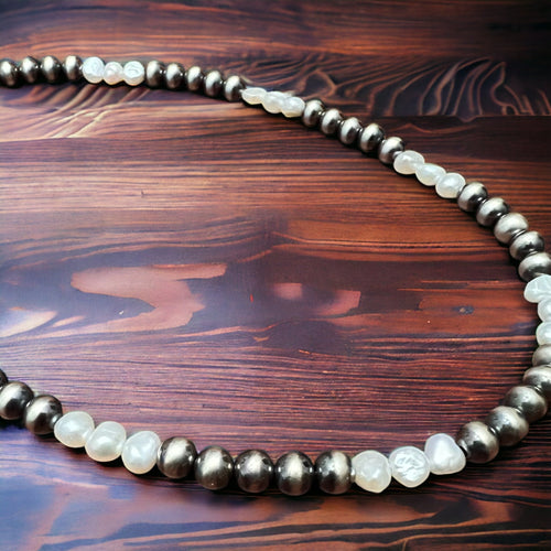 6mm Sterling Pearl Necklace with Fresh Water Pearls - 16 inch - Cowhide and Conchos