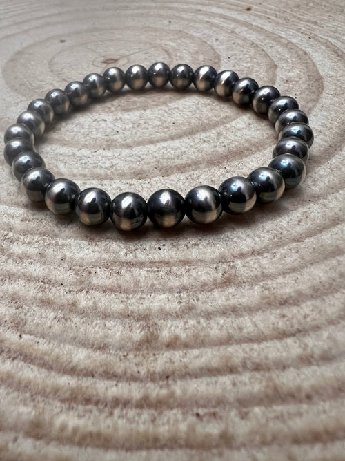6mm - Sterling Pearl Stretch Bracelet - Cowhide and Conchos