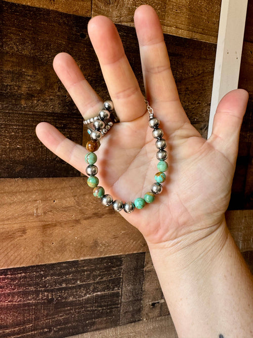 Sterling Silver Pearls bracelet with turquoise beads - 8 mm