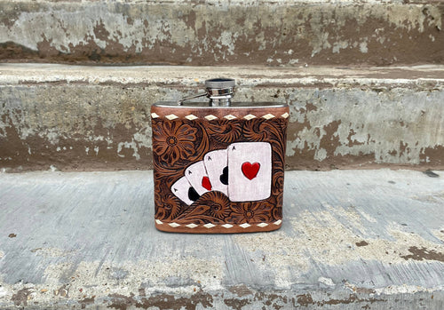 Ace of Hearts Tooled Leather Flask