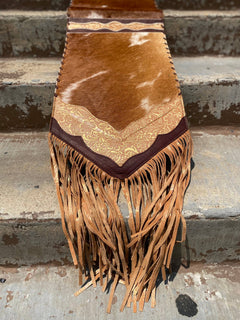 Cowhide Tooled Gold Fringe Table Runner - 6 foot