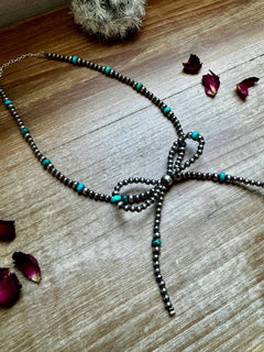 Turquoise Bow Sterling Pearl Necklace