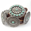 Genuine Distressed Leather Western Concho Belt with Faux Turquoise Stone Buckle
