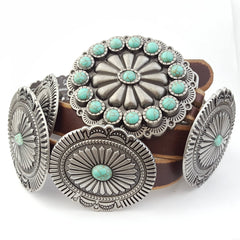 Genuine Distressed Leather Concho Belt with Faux Turquoise