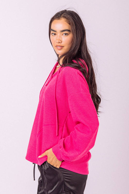 V-neck Puff Sleeve Hooded Knit Top - Hot Pink - Sm, Med, Lg available