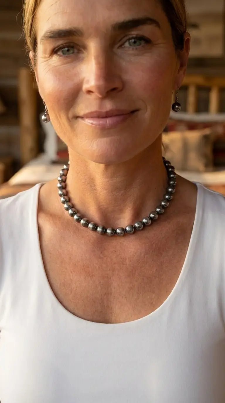 8mm Fashion Pearl Choker Necklace & Earring Set — Western Adjustable Set - Cowhide and Conchos