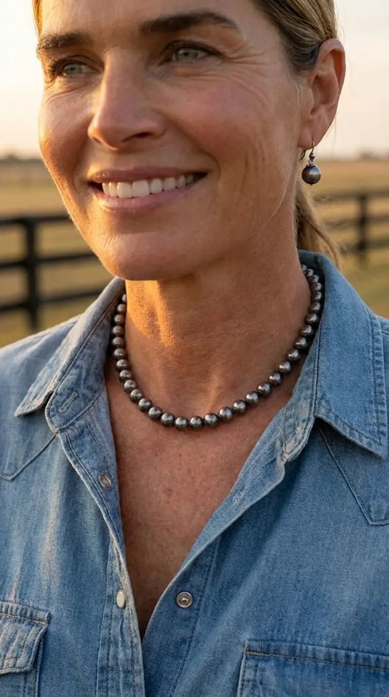 8mm Fashion Pearl Choker Necklace & Earring Set — Western Adjustable Set - Cowhide and Conchos