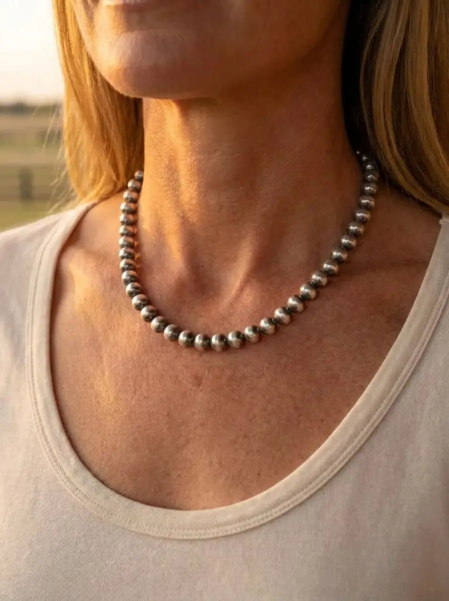 8mm Sterling Pearl Necklace — 16 inch - Cowhide and Conchos