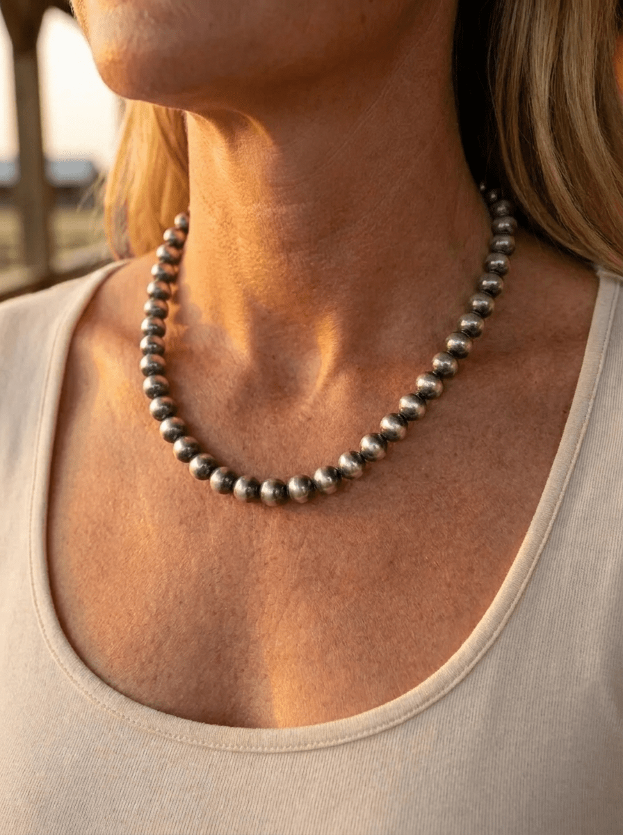 8mm Sterling Pearl Necklace — 18 inch - Cowhide and Conchos