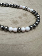 8mm Sterling Pearl, Saucer and pink conch - 19 inch - Cowhide and Conchos
