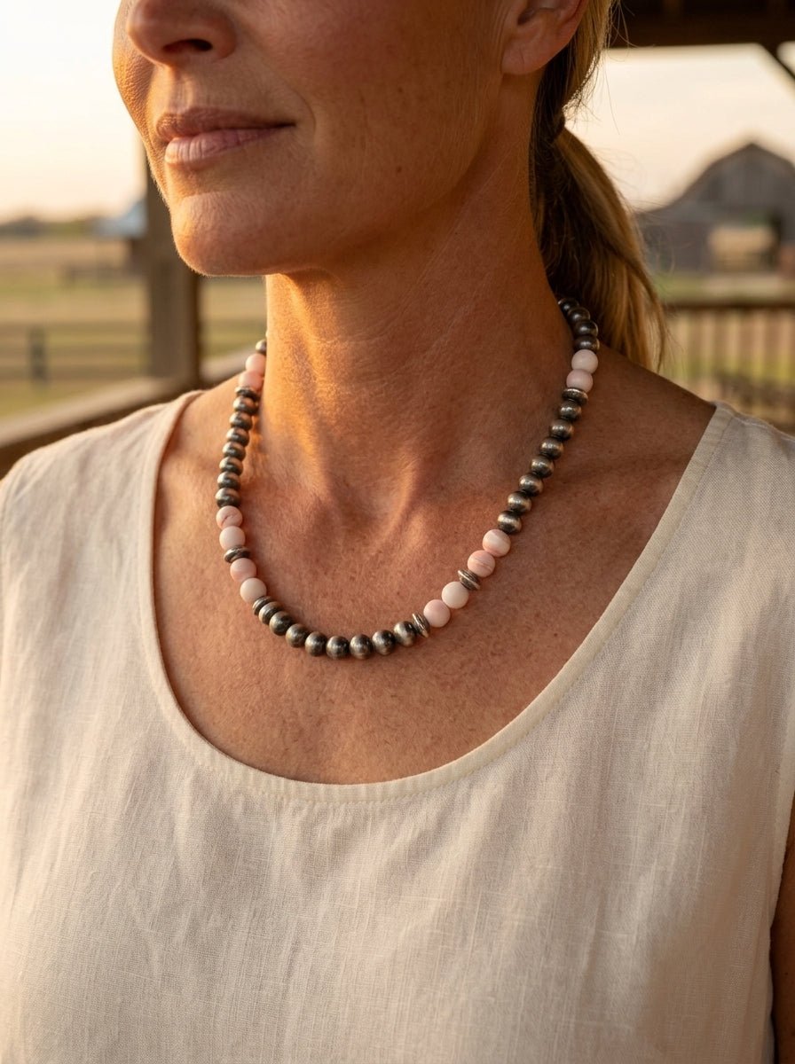 8mm Sterling Pearl, Saucer & Pink Conch Necklace — 19 inch - Cowhide and Conchos