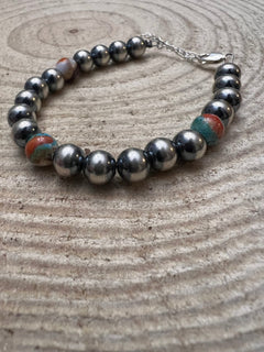 8mm Sterling Silver Pearls bracelet with Mohave beads - Cowhide and Conchos