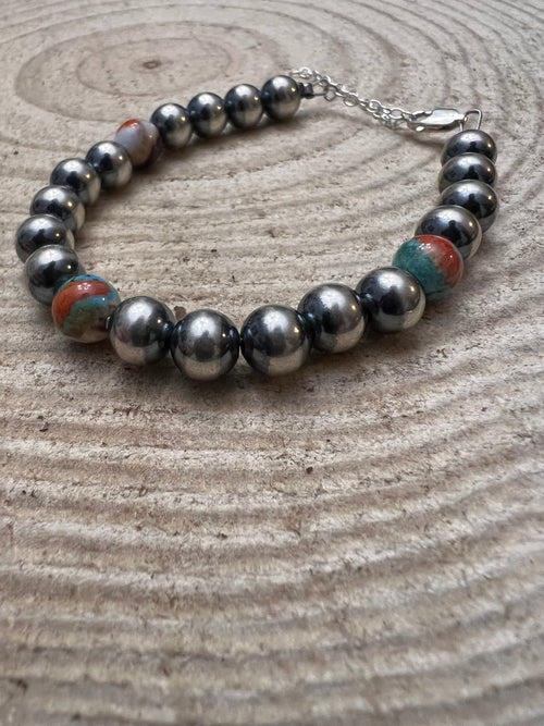 8mm Sterling Silver Pearls bracelet with Mohave beads - Cowhide and Conchos