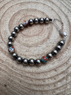 8mm Sterling Silver Pearls bracelet with Mohave beads - Cowhide and Conchos